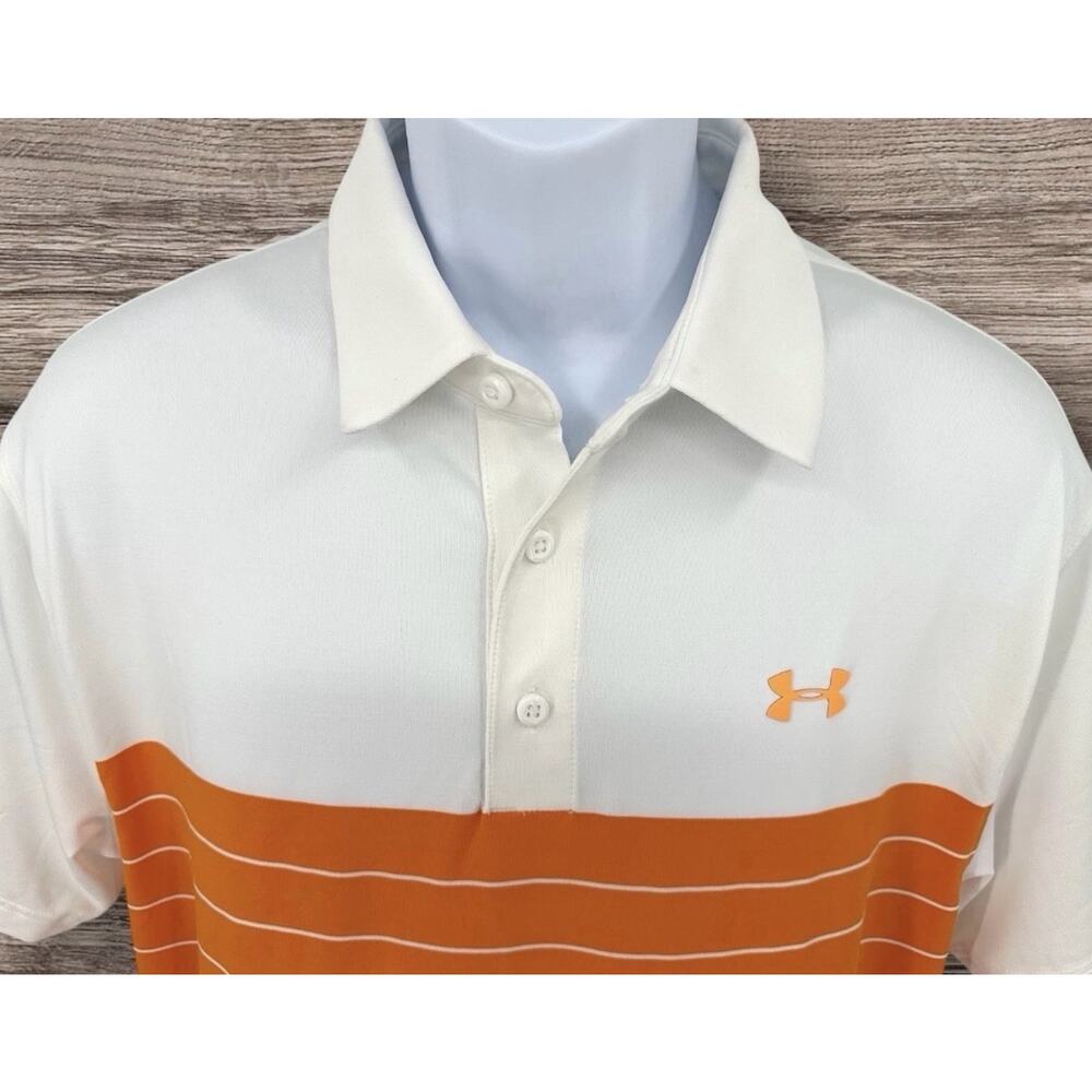 Under Armour HeatGear Polo Shirt Mens 2XL Loose Fit White & Orange